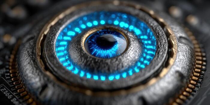 Intricate view of a futuristic robotic eye with glowing blue lights embedded on its surface. photo