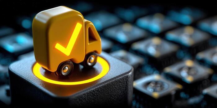 A yellow delivery truck icon with a checkmark on a keyboard, representing online order confirmation. photo