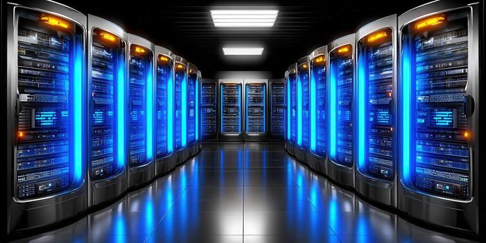 un futurista servidor habitación exhibiendo moderno tecnología y datos infraestructura foto