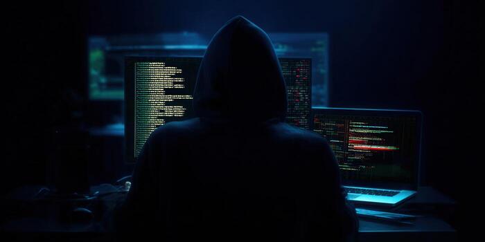 A mysterious hacker in a hoodie intently works on computer code in a dark setting. photo