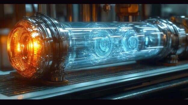 The image features a striking futuristic device with internal elements and captivating light effects. photo