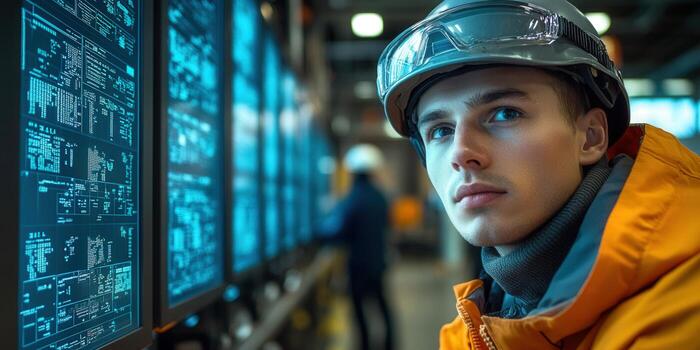 A young engineer in a factory, focusing on monitors displaying critical data for work. photo