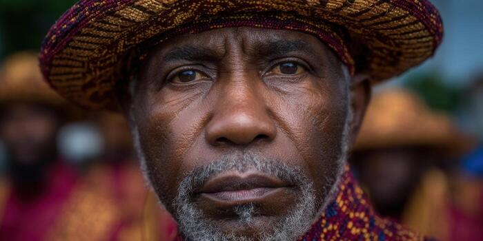 The portrait shows a mature black man with a traditional hat, capturing a moment with depth and focus. photo