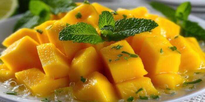 Fresh mango cubes with mint, a refreshing and healthy dessert. photo