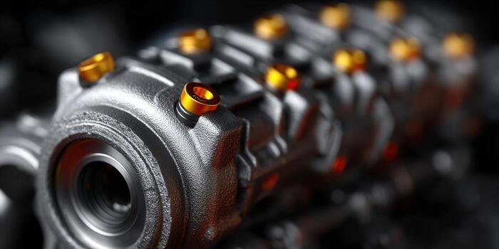 A detailed view of an engine component with golden accents and metallic textures. photo
