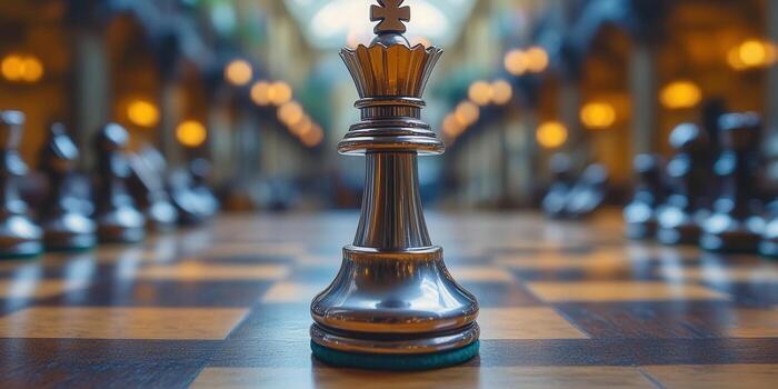 ajedrez Rey en atención en un tablero de ajedrez, representando estrategia y intelecto. foto