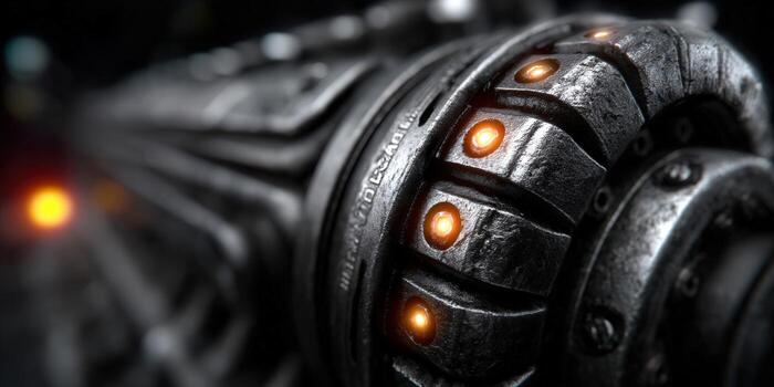 A detailed shot of a futuristic mechanical device with glowing orange lights and a metallic texture. photo