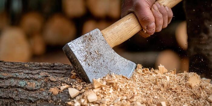 An axe cuts through a log, creating sawdust in this woodworking close-up. photo