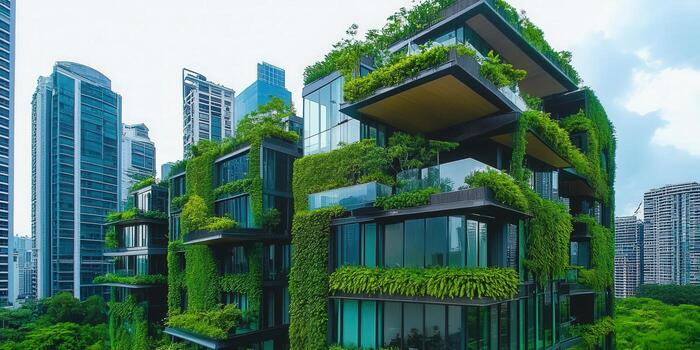 A modern building with a stunning green facade in an urban setting. photo