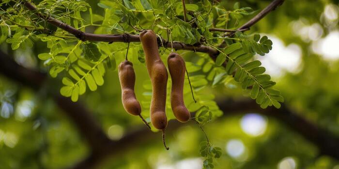 Tamarind fruits hanging from a tree, showcasing the sweet and sour pods in a natural setting. photo