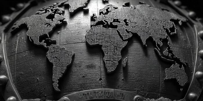 A detailed metal globe displaying the continents in a vintage grayscale style. photo