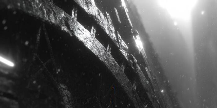 Grayscale image of a textured wooden structure with a misty, atmospheric background. photo