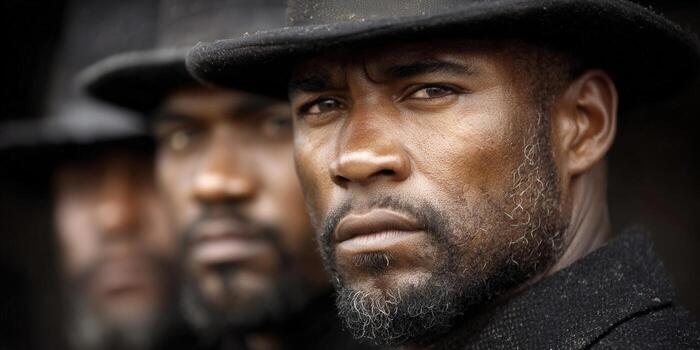 A striking image featuring three black men with focused expressions, exuding strength and intensity. photo