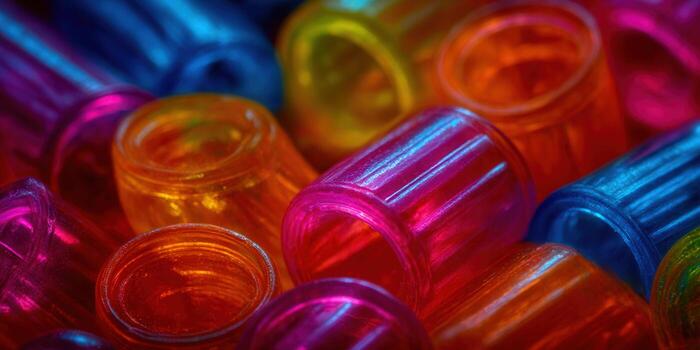 A colorful display of glass containers arranged in a beautiful, vibrant pattern. photo