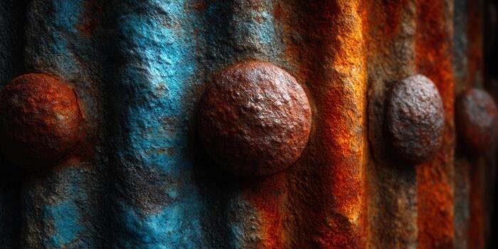 A close-up shot showcasing weathered metal with visible rust and rivets. photo