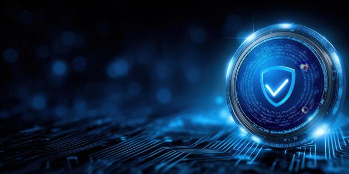 Digital security concept featuring a glowing shield with a check mark and circuit board. photo