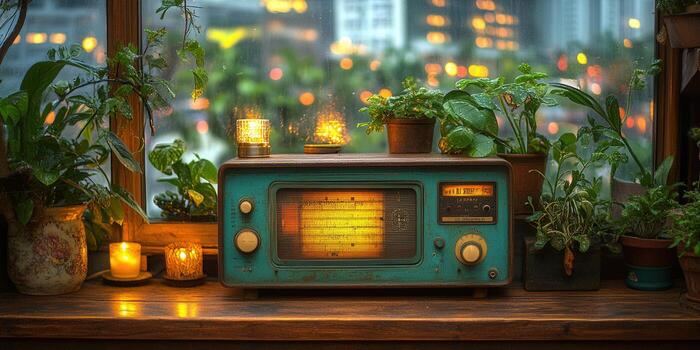 A vintage radio with candles and plants creates a cozy, nostalgic scene by the window. photo
