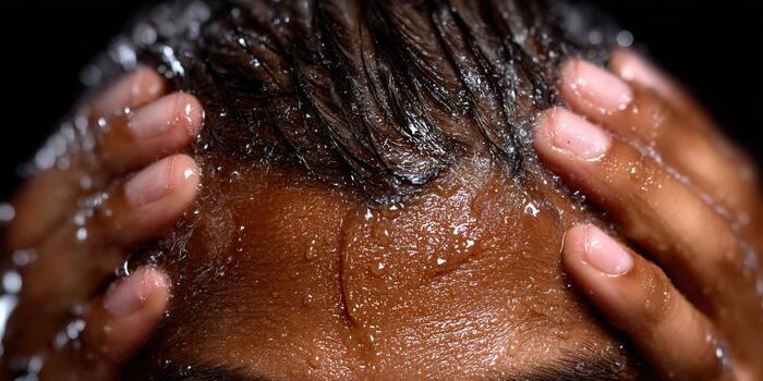 A person washes hair under running water, creating a refreshing moment of self-care and relaxation. photo