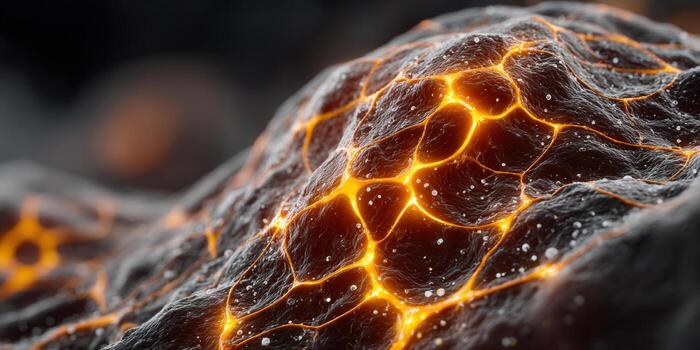 Vibrant lava surface with intricate patterns and glowing, fiery textures up close. photo