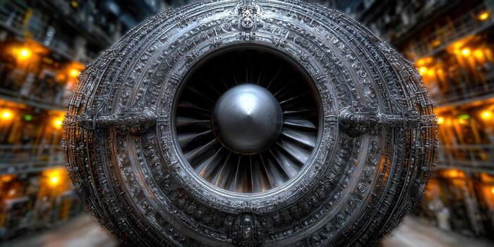 Intricate metallic engine, showcasing industrial design and mechanical precision in a detailed close-up. photo