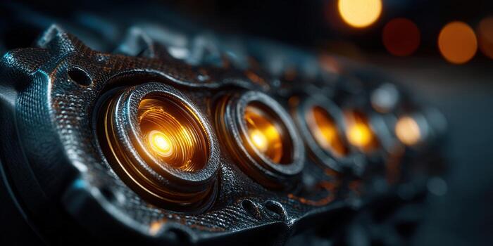 A close-up of a futuristic metal structure with glowing orbs, creating a modern, high-tech design. photo