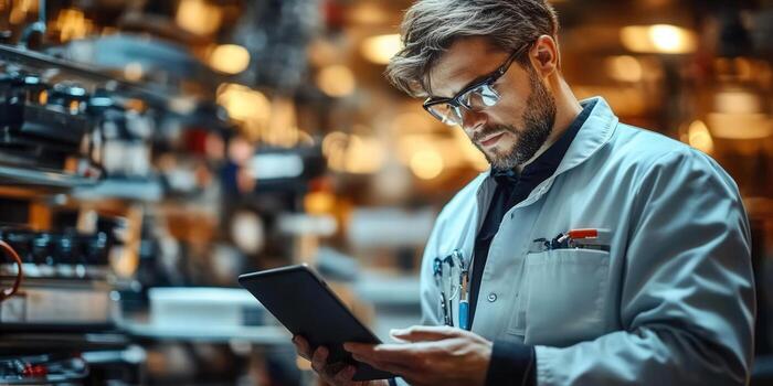 Engineer in lab coat uses a tablet to analyze data in a factory setting. photo