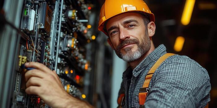 Confident electrician in hard hat works on server hardware in a data center. photo
