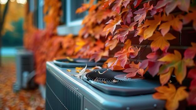 otoño hojas adornar un aire acondicionamiento unidad, simbolizando el transición a enfriador clima. foto