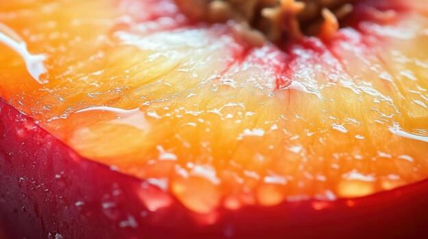 A macro shot of a ripe peach half with water droplets, showcasing its textures and vibrant colors. photo