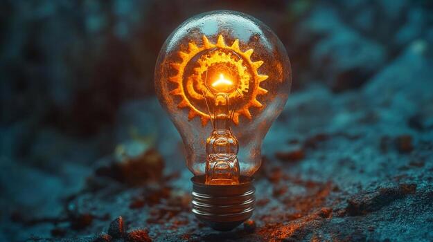 A lightbulb with a gear inside, symbolizing ideas and innovation in a creative concept. photo
