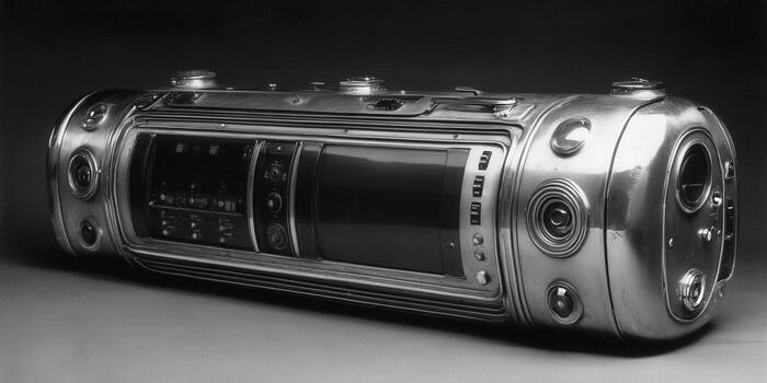 This unique and detailed image presents a futuristic metal device with intricate mechanical elements. photo