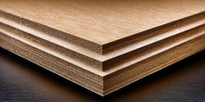 A stack of wooden boards, highlighting their texture and the layers of material used. photo