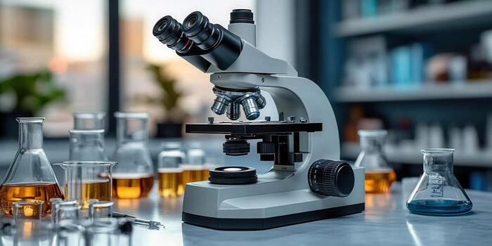 Microscope in a laboratory setting with scientific equipment and liquids. photo