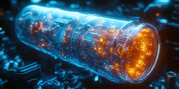 intrincado brillante circuitería encerrado en un transparente cilindro, un visión de futurista tecnología foto