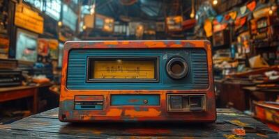 un Clásico radio con un desgastado y oxidado apariencia, conjunto en un retro tienda. foto