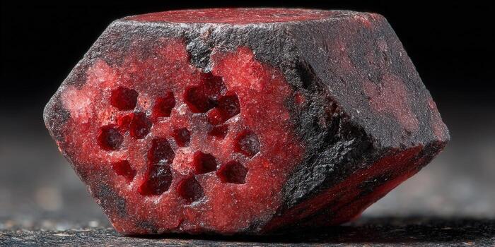 A stunning close-up showcases a faceted red garnet crystal with captivating detail and texture. photo