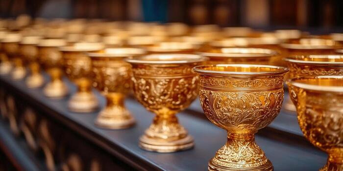 Golden chalices sit in a row, reflecting the light and highlighting their luxurious, ornate details. photo