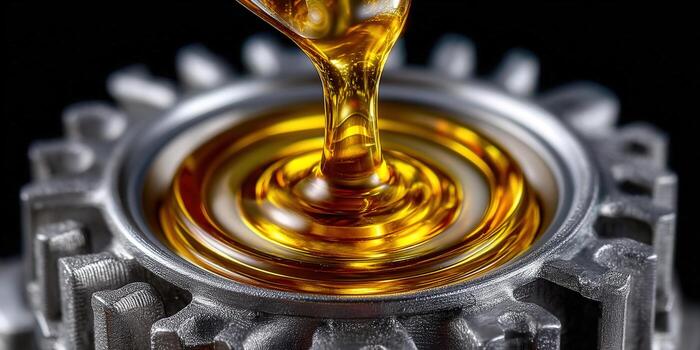 Golden oil pouring into a metallic engine component, highlighting mechanical processes. photo