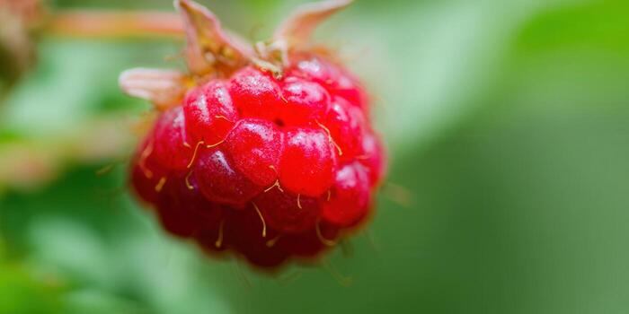 Vibrant macro of a juicy red raspberry, perfect and ready to be enjoyed in nature. photo