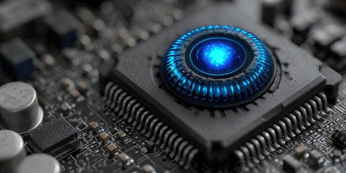 Intricate close-up shows a computer processor with glowing blue elements, emphasizing technology and data photo