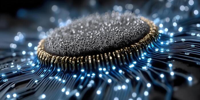 Detailed shot of a CPU, highlighting the intricate details of technology and data processing. photo