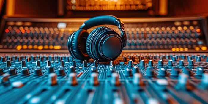 Headphones rest on a sound mixing console in a recording studio, ready for music production. photo