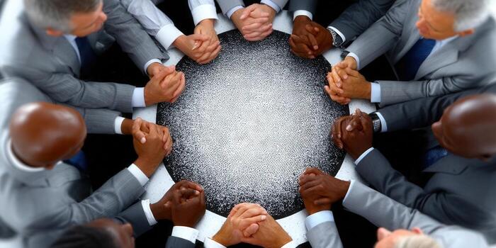 Business professionals in suits gathered around a table, emphasizing unity and cooperation in a meeting. photo