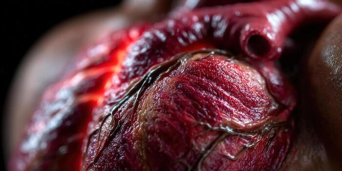 Detailed view of a human heart model, highlighting its complex structures and reddish hues. photo