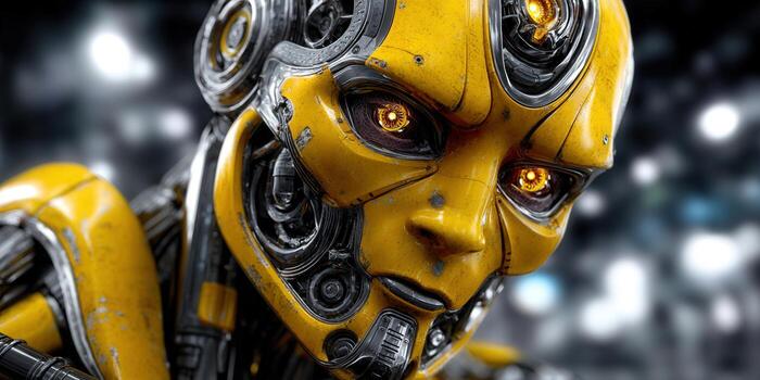 Intricate detail of a yellow robot's face with glowing eyes, showcasing advanced technology. photo