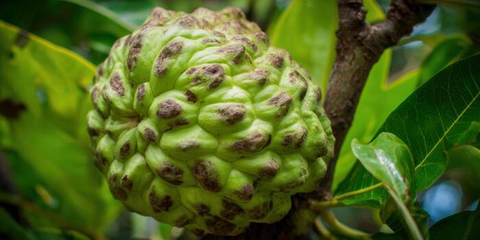 The vibrant green custard apple thrives on a tree, showcasing its unique texture and shape. photo