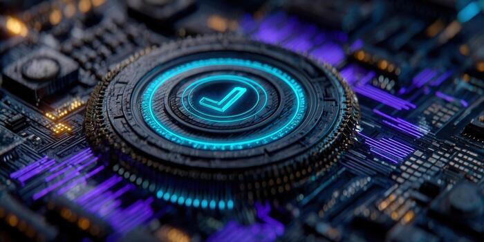 Glowing checkmark on a circuit board, representing technological approval and validation. photo