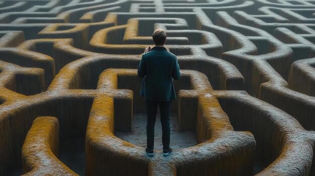 A man in a maze ponders the challenging paths and potential choices. photo