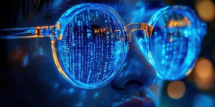 Intriguing image of a person wearing glasses with binary code reflecting in the lenses. photo