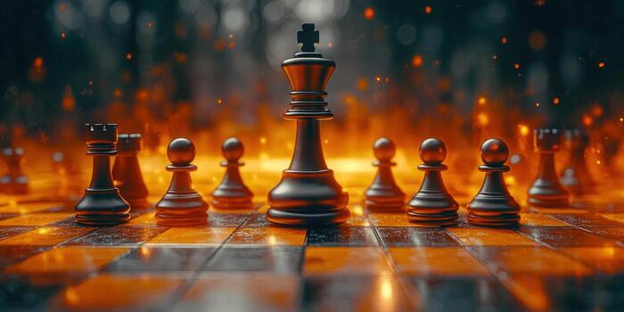 intenso tablero de ajedrez escena con el Rey pedazo, rodeado por ardiente llamas, simbolizando estrategia y fuerza. foto